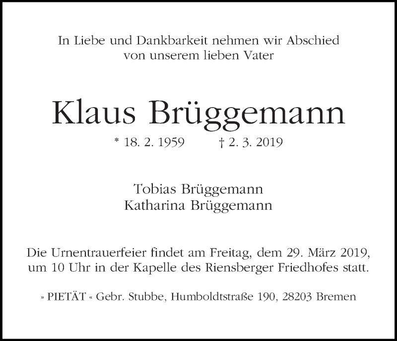  Traueranzeige für Klaus Brüggemann vom 09.03.2019 aus WESER-KURIER