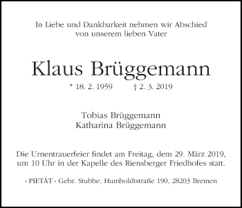 Traueranzeige von Klaus Brüggemann