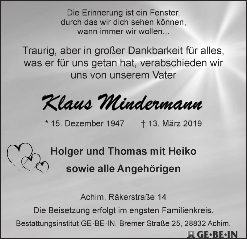  Traueranzeige für Klaus Mindermann vom 23.03.2019 aus WESER-KURIER
