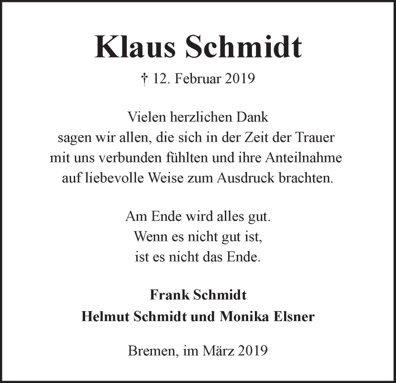  Traueranzeige für Klaus Schmidt vom 16.03.2019 aus WESER-KURIER