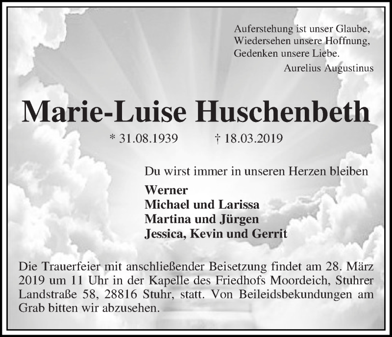  Traueranzeige für Marie-Luise Huschenbeth vom 23.03.2019 aus WESER-KURIER
