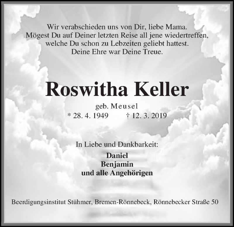 Traueranzeige von Roswitha Keller von Die Norddeutsche