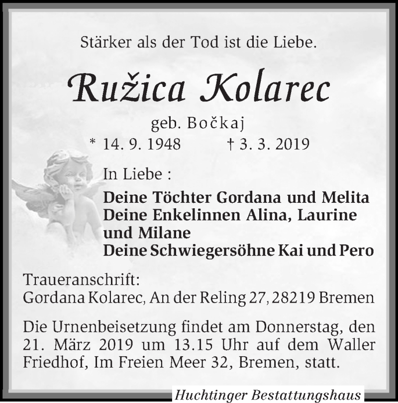  Traueranzeige für Ružica Kolarec vom 09.03.2019 aus WESER-KURIER
