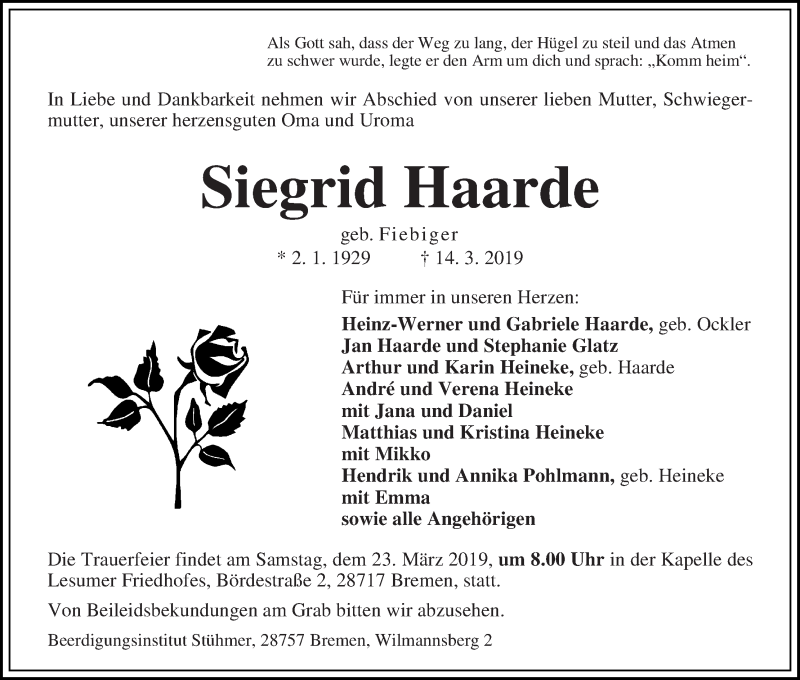  Traueranzeige für Siegrid Haarde vom 20.03.2019 aus Die Norddeutsche