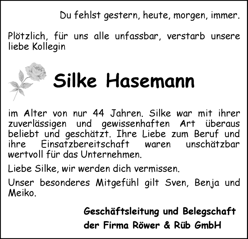  Traueranzeige für Silke Hasemann vom 09.03.2019 aus WESER-KURIER