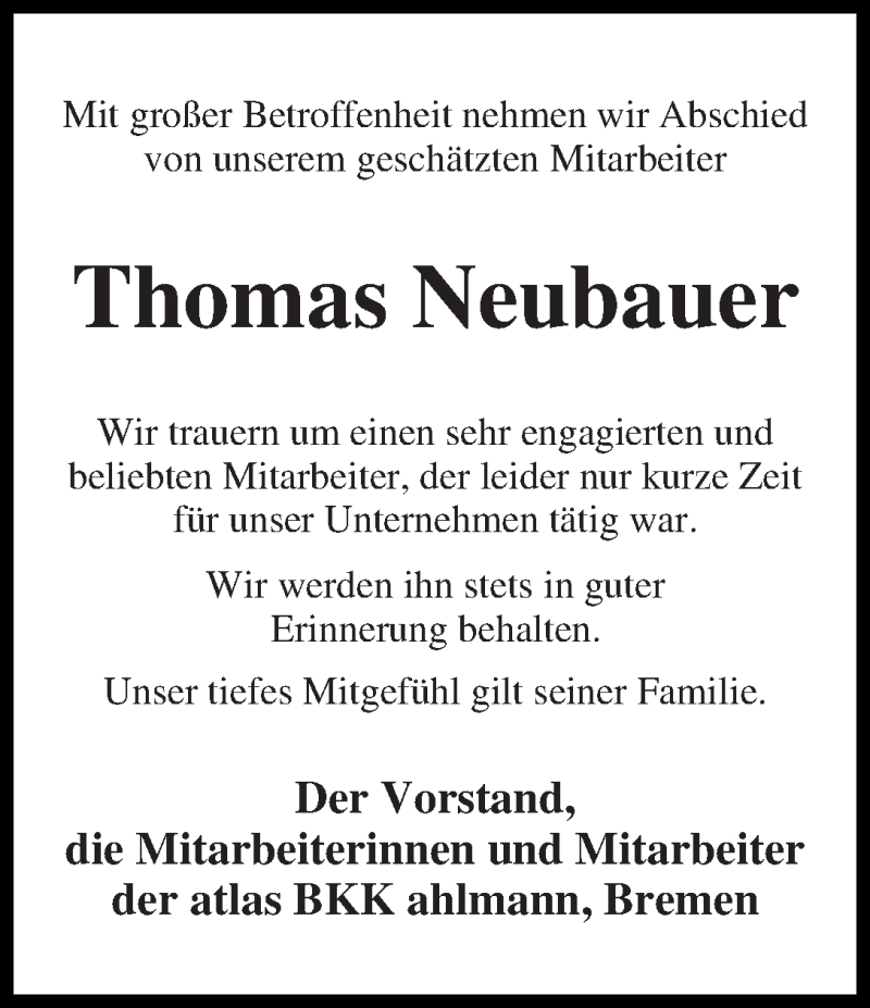  Traueranzeige für Thomas Neubauer vom 20.03.2019 aus WESER-KURIER