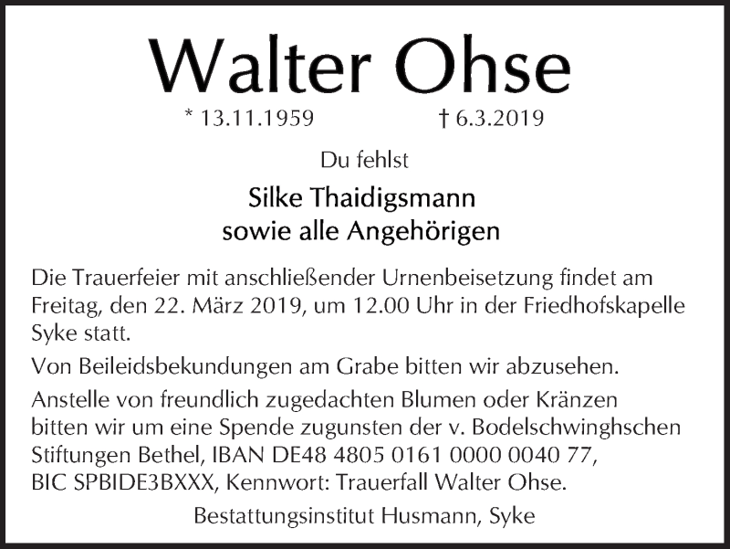  Traueranzeige für Walter Ohse vom 16.03.2019 aus WESER-KURIER