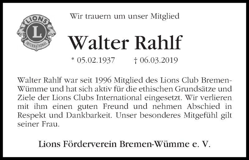  Traueranzeige für Walter Rahlf vom 11.03.2019 aus WESER-KURIER
