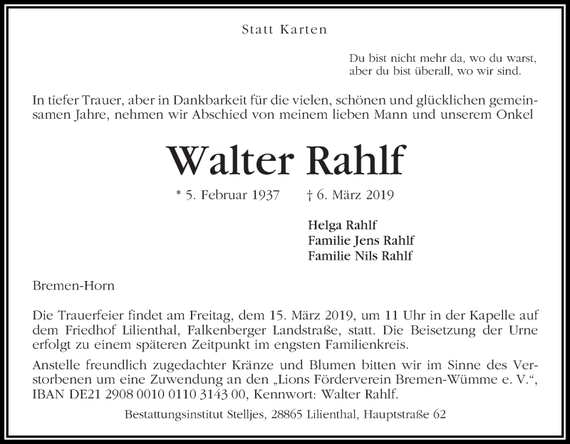  Traueranzeige für Walter Rahlf vom 09.03.2019 aus Wuemme Zeitung