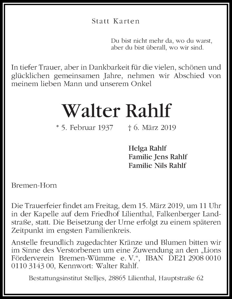  Traueranzeige für Walter Rahlf vom 11.03.2019 aus WESER-KURIER