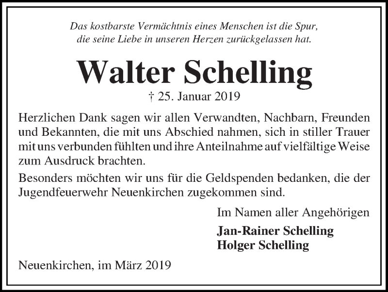 Traueranzeige von Walter Schelling von Die Norddeutsche