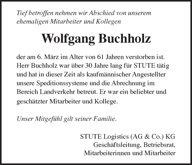  Traueranzeige für Wolfgang Buchholz vom 16.03.2019 aus WESER-KURIER