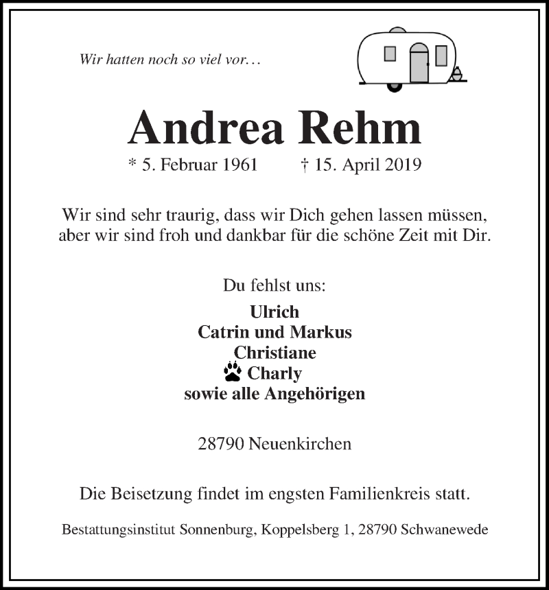 Traueranzeige von Andrea Rehm von Die Norddeutsche