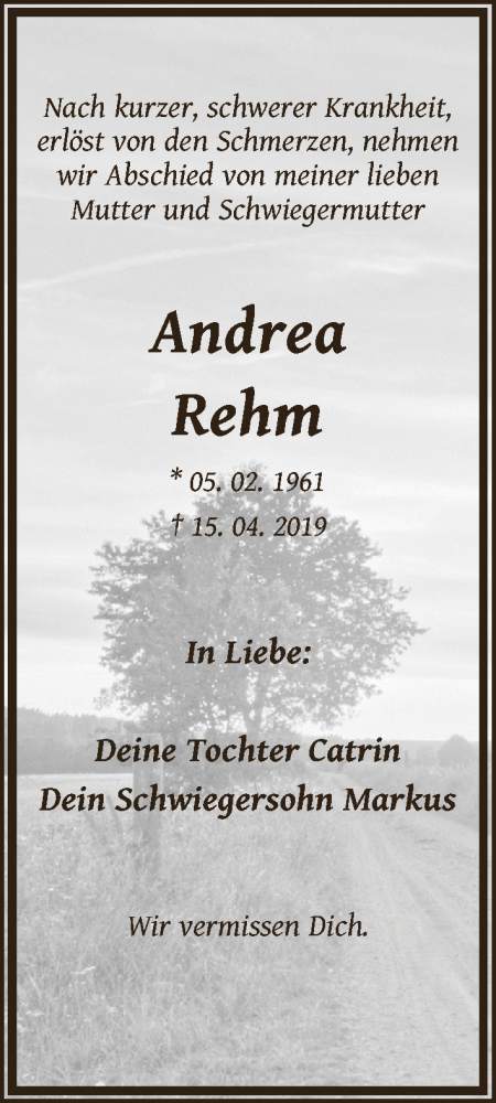 Traueranzeige von Andrea Rehm von Die Norddeutsche