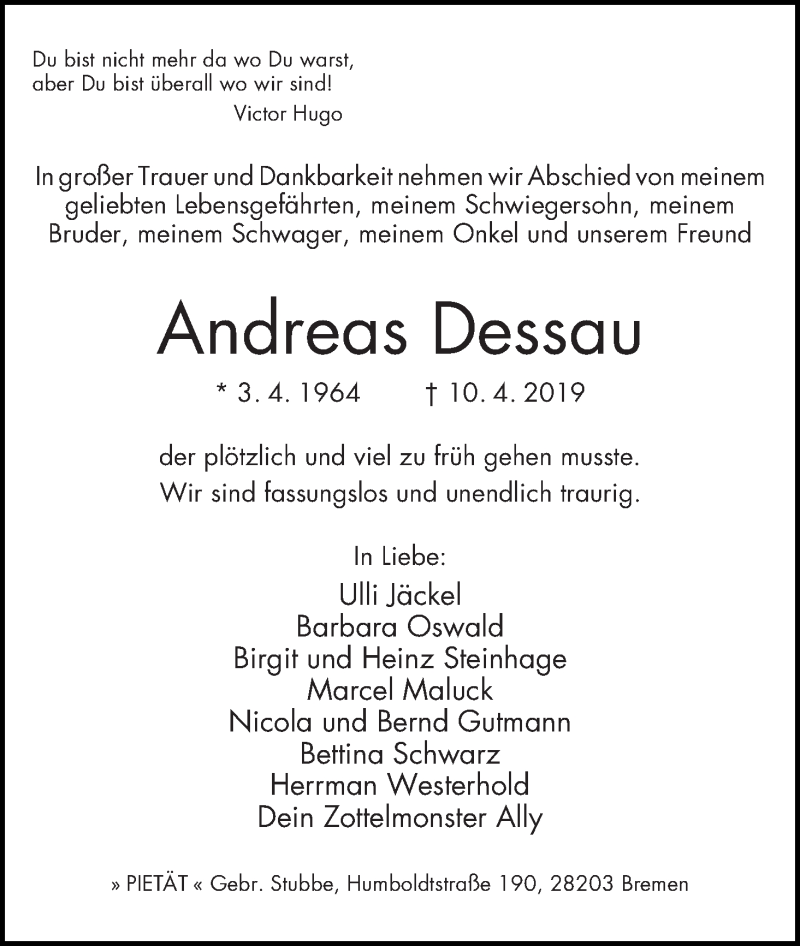  Traueranzeige für Andreas Dessau vom 13.04.2019 aus WESER-KURIER