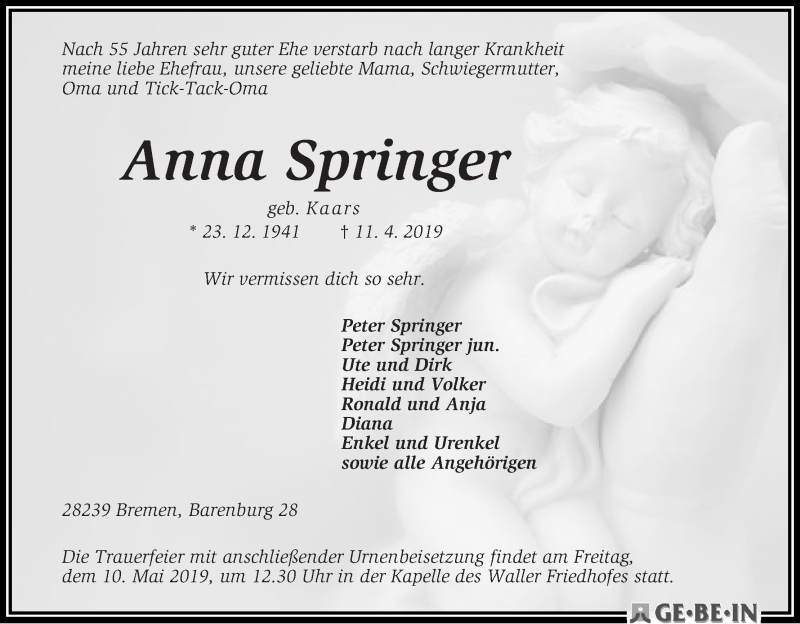  Traueranzeige für Anna Springer vom 27.04.2019 aus WESER-KURIER