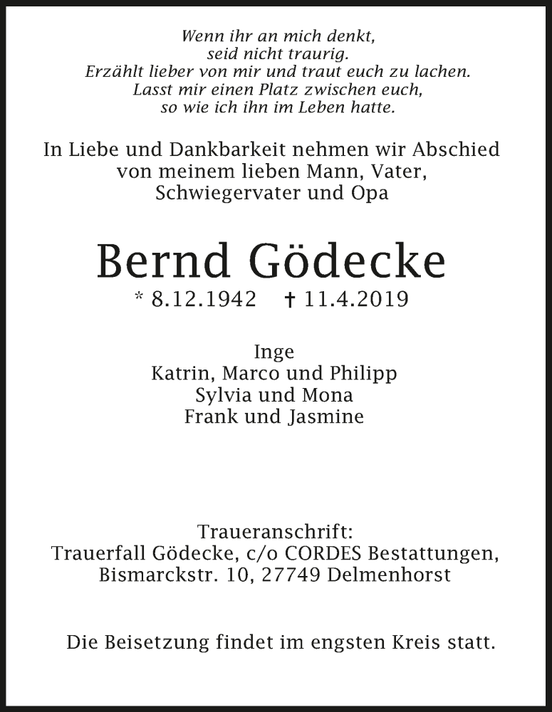 Traueranzeige von Bernd Gödecke von WESER-KURIER