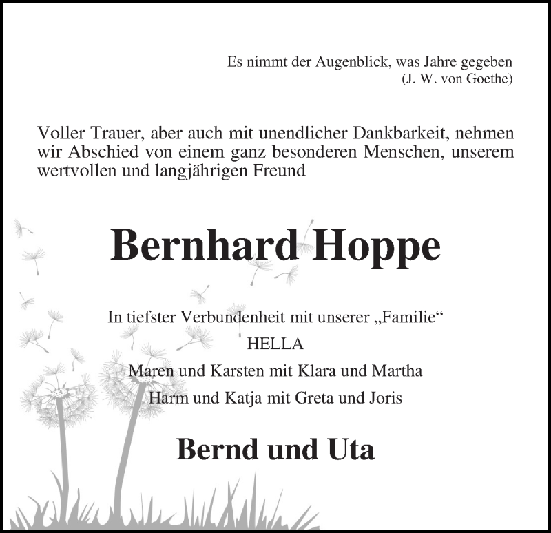  Traueranzeige für Bernhard Hoppe vom 10.04.2019 aus Die Norddeutsche