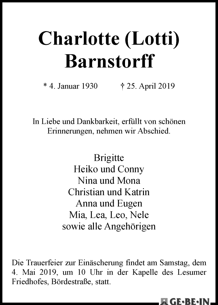 Traueranzeige von Charlotte  Barnstorff von Die Norddeutsche