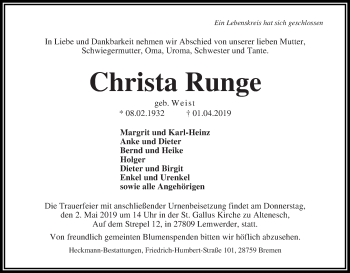 Traueranzeige von Christa Runge