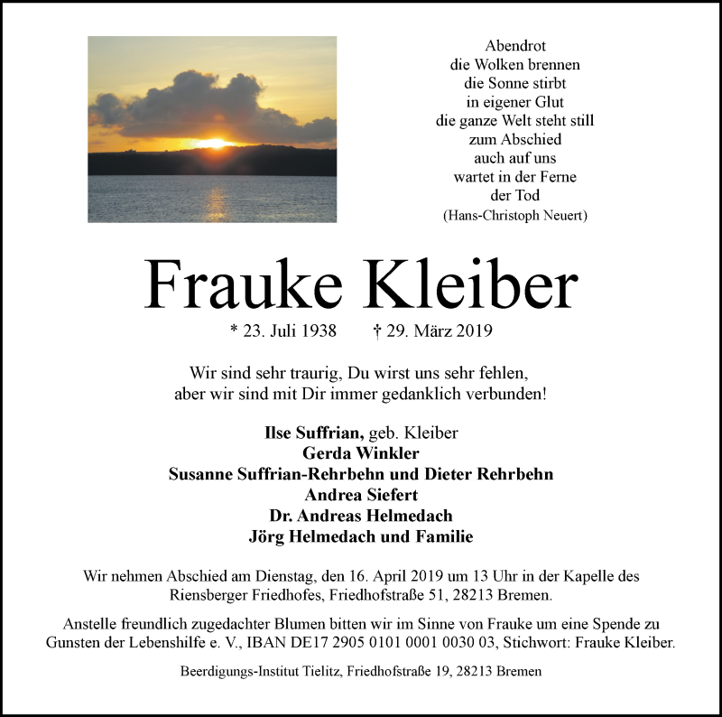 Traueranzeige von Frauke Kleiber von WESER-KURIER