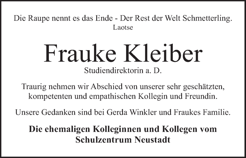 Traueranzeige von Frauke Kleiber von WESER-KURIER