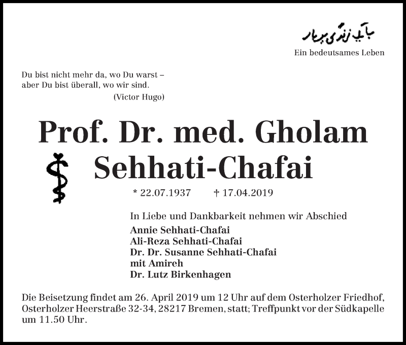  Traueranzeige für Gholam Sehhati-Chafai vom 24.04.2019 aus WESER-KURIER