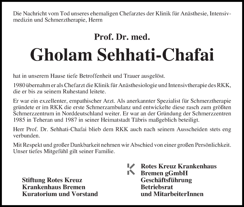 Traueranzeige für Gholam Sehhati-Chafai vom 26.04.2019 aus WESER-KURIER