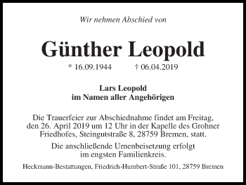 Traueranzeige von Günther Leopold