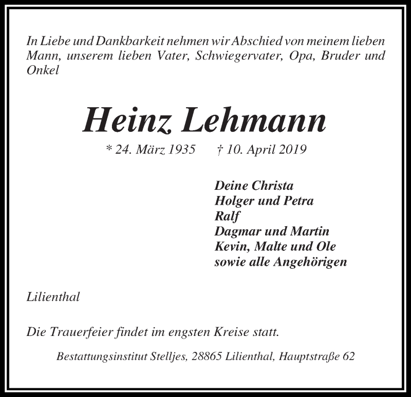  Traueranzeige für Heinz Lehmann vom 13.04.2019 aus Wuemme Zeitung