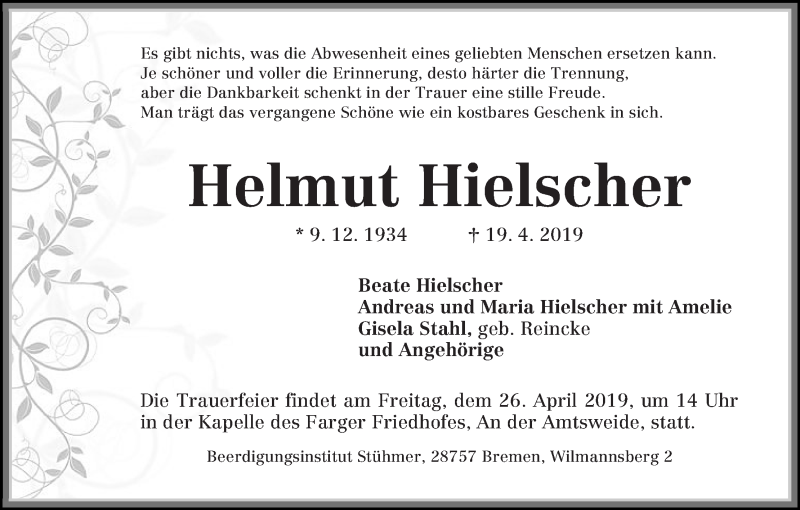  Traueranzeige für Helmut Hielscher vom 24.04.2019 aus Die Norddeutsche