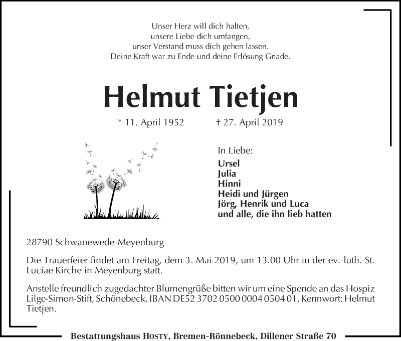  Traueranzeige für Helmut Tietjen vom 30.04.2019 aus Die Norddeutsche