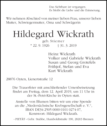 Traueranzeige von Hildegard Wickrath