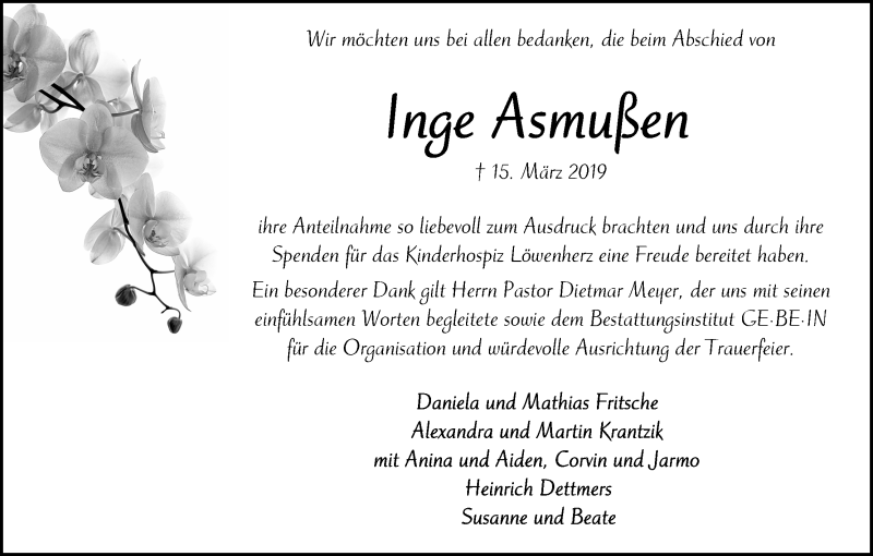 Traueranzeige von Inge Asmuß?en von WESER-KURIER