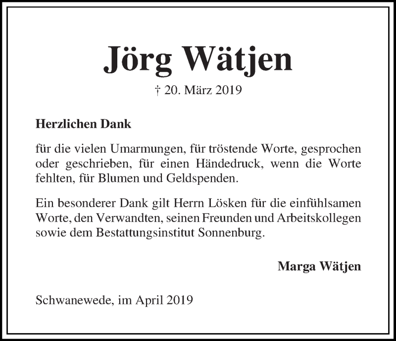 Traueranzeigen Von Jorg Watjen Trauer Gedenken