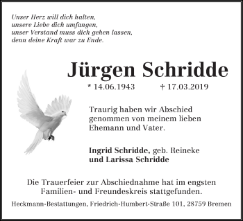 Traueranzeige von Jürgen Schridde