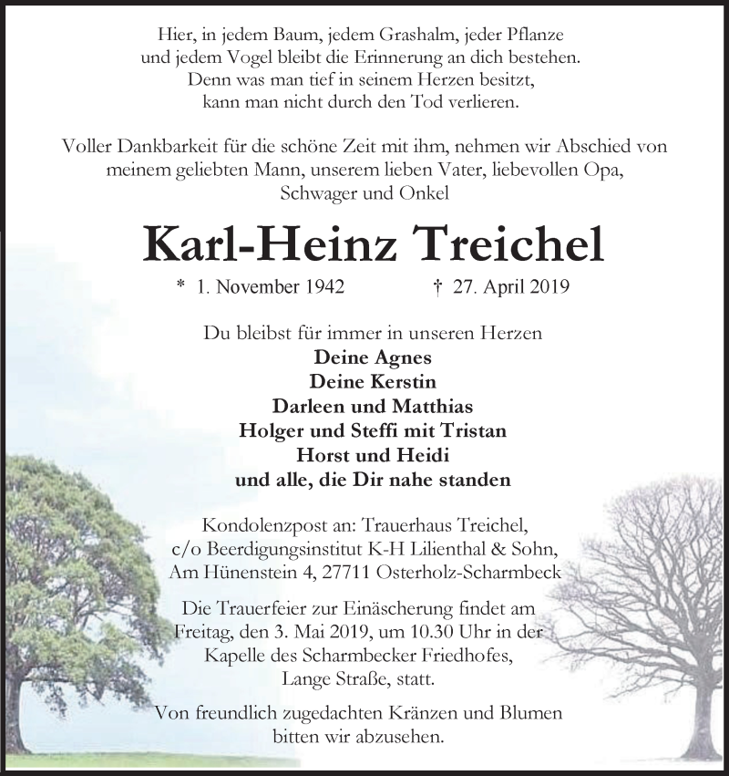  Traueranzeige für Karl-Heinz Treichel vom 30.04.2019 aus Osterholzer Kreisblatt