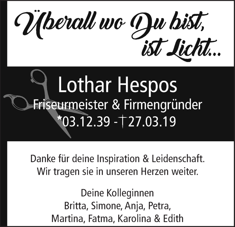  Traueranzeige für Lothar Hespos vom 03.04.2019 aus WESER-KURIER