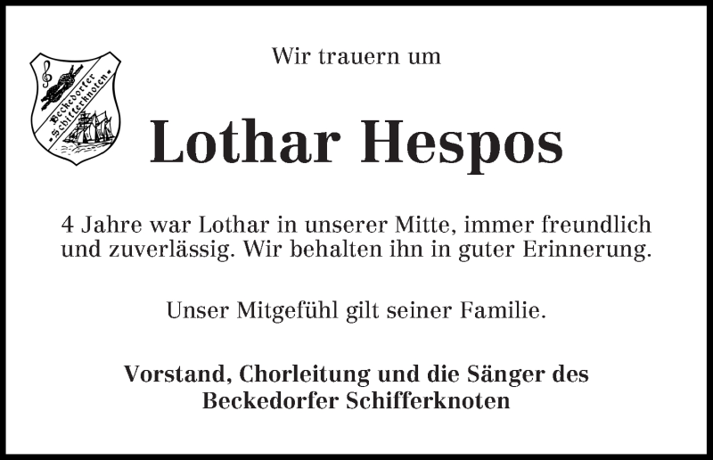  Traueranzeige für Lothar Hespos vom 03.04.2019 aus Die Norddeutsche