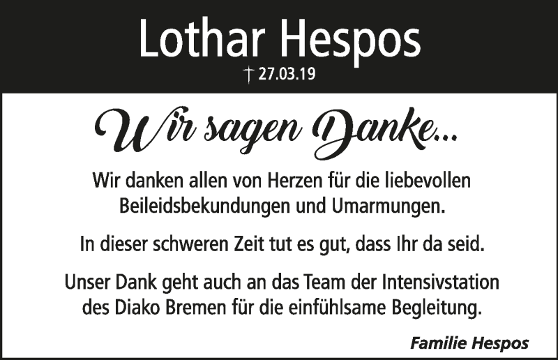 Traueranzeige für Lothar Hespos vom 13.04.2019 aus Die Norddeutsche