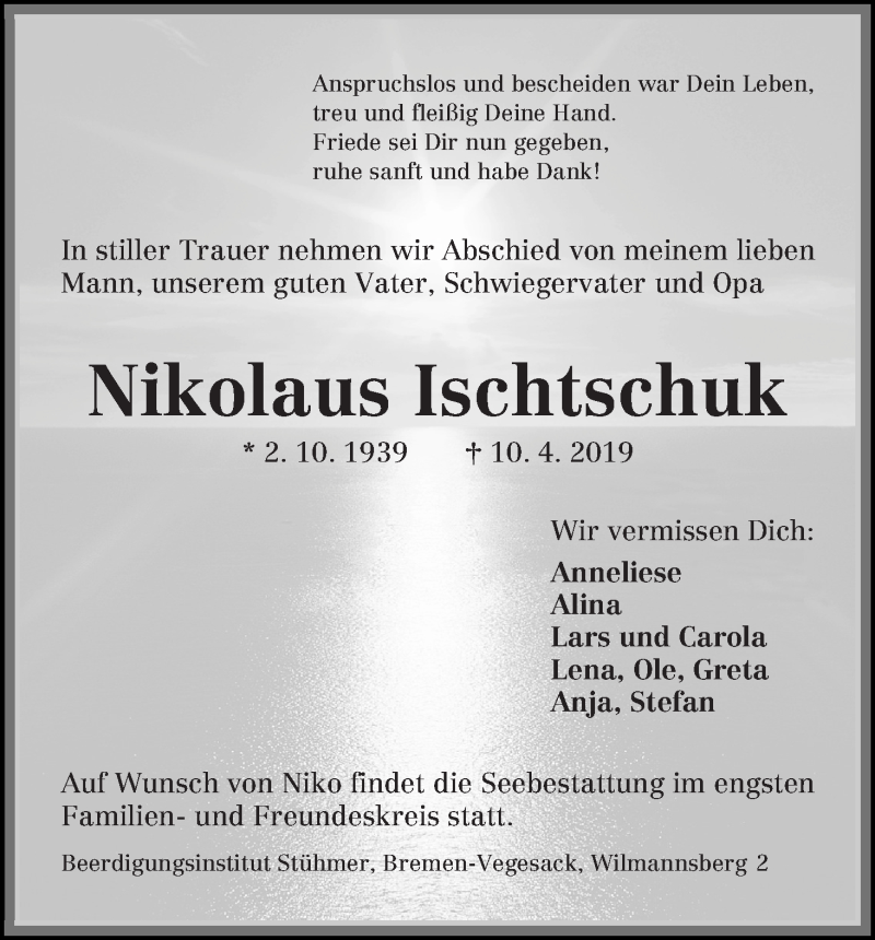 Traueranzeige von Nikolaus Ischtschuk von Die Norddeutsche