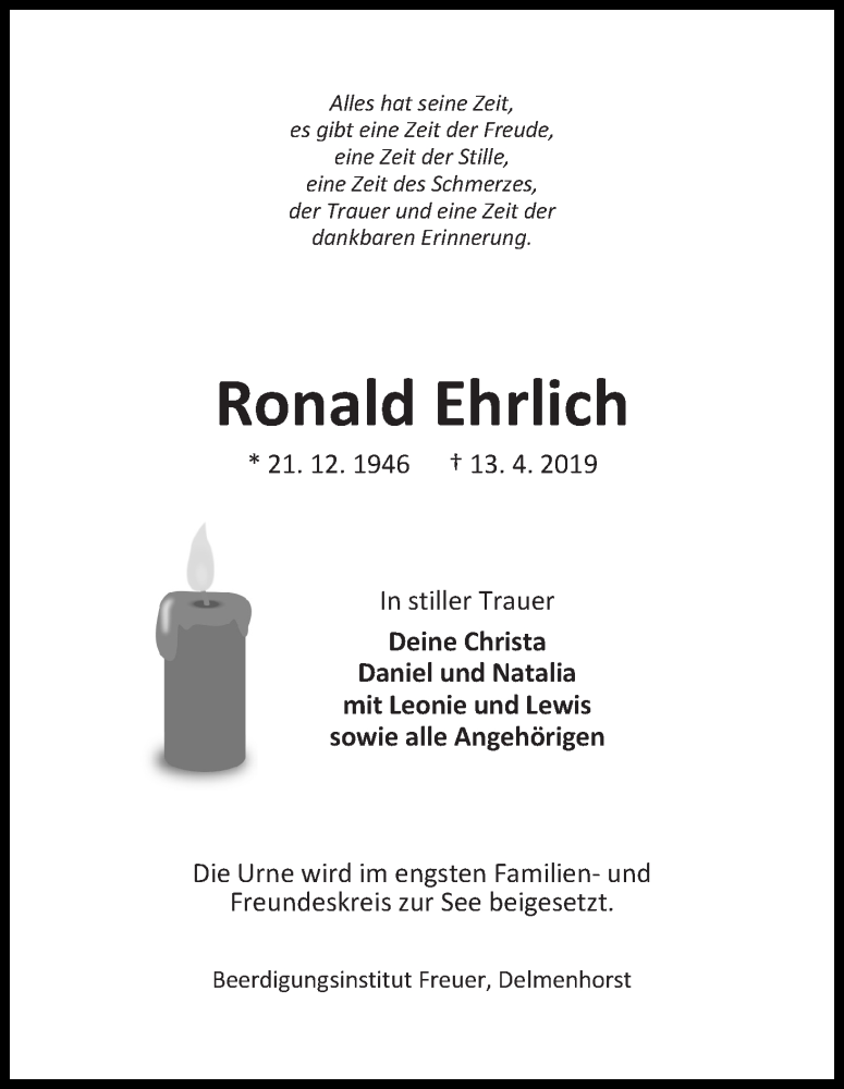  Traueranzeige für Ronald Ehrlich vom 16.04.2019 aus WESER-KURIER