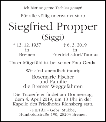 Traueranzeige von Siegfried (Sieggi) Propper