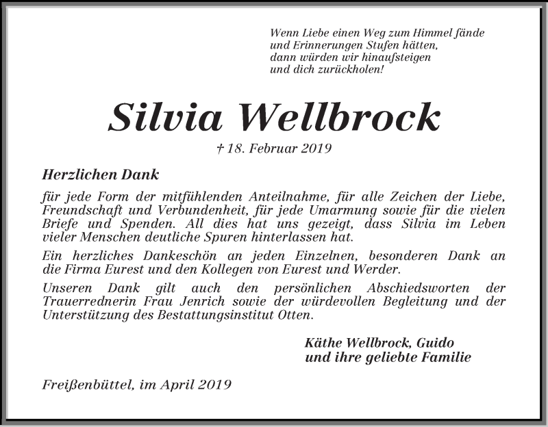  Traueranzeige für Silvia Wellbrock vom 13.04.2019 aus Osterholzer Kreisblatt