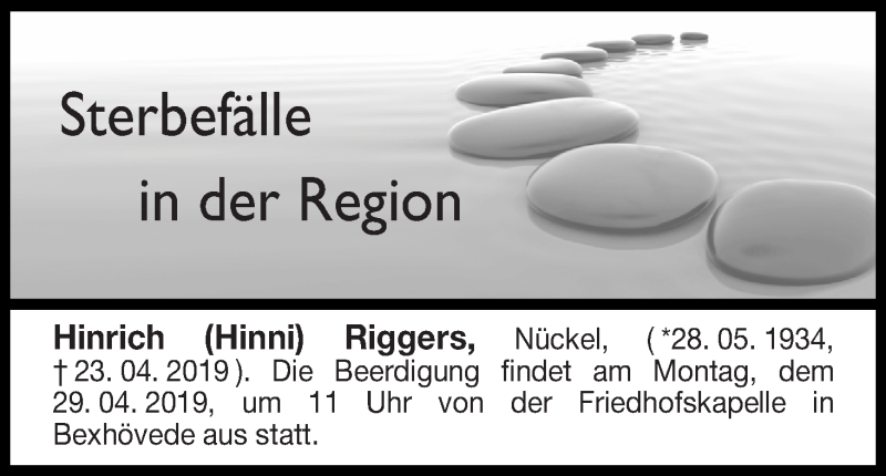 Traueranzeige von Sterbefälle in der Region Ausgabe 26.04.2019 von Osterholzer Kreisblatt