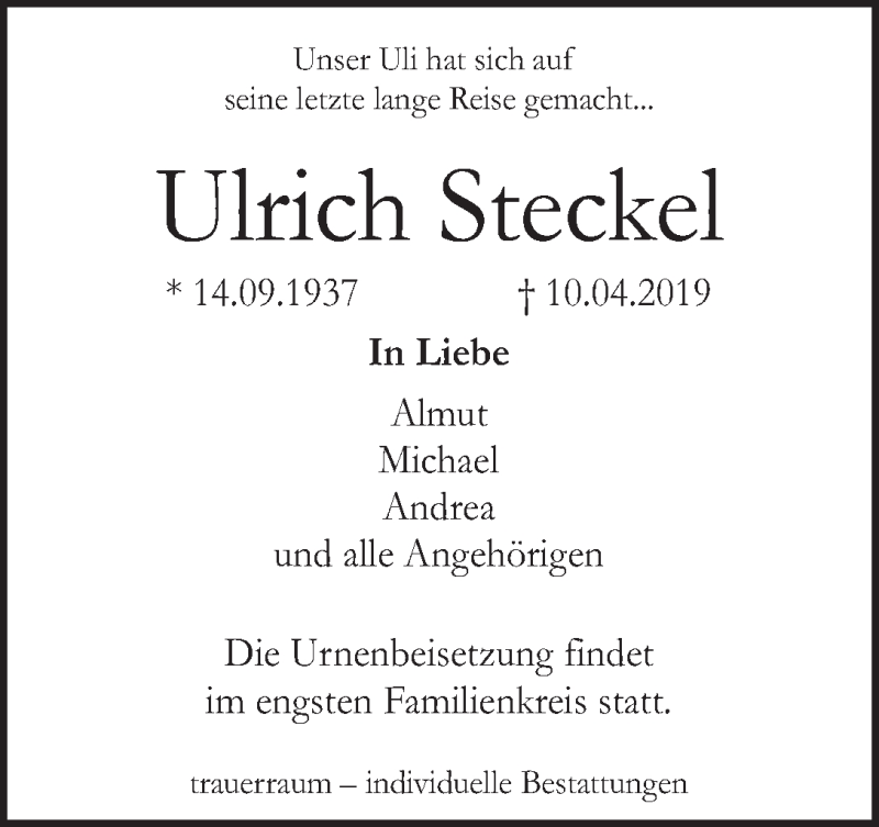 Traueranzeige von Ulrich Steckel von WESER-KURIER