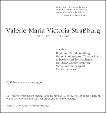 Traueranzeige von Valerie Maria Victoria Straß?burg