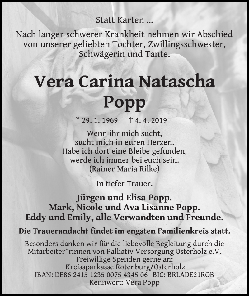  Traueranzeige für Vera Carina Natascha Popp vom 13.04.2019 aus WESER-KURIER