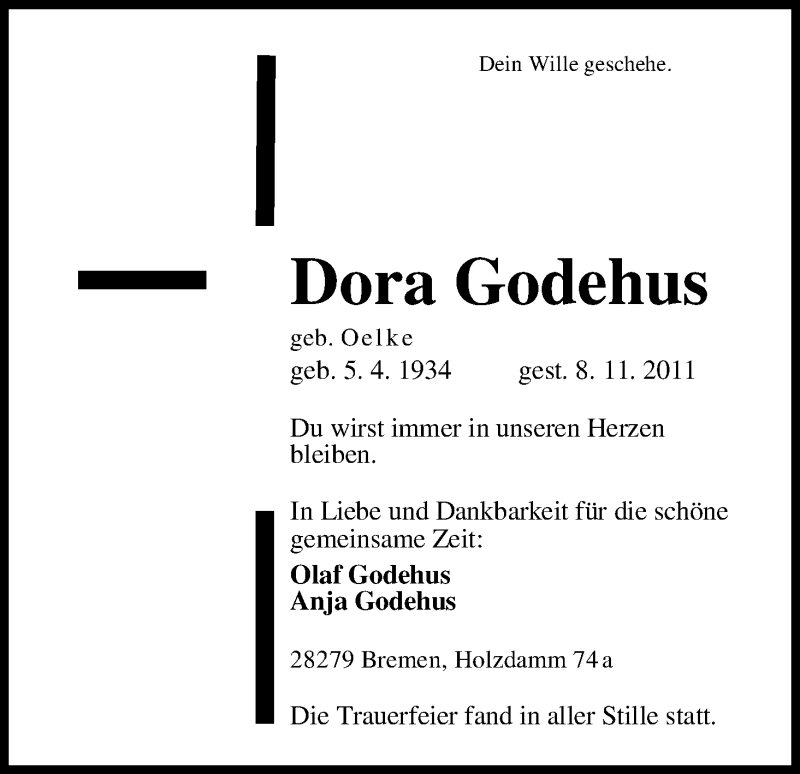  Traueranzeige für Dora Godehus vom 16.11.2011 aus WESER-KURIER