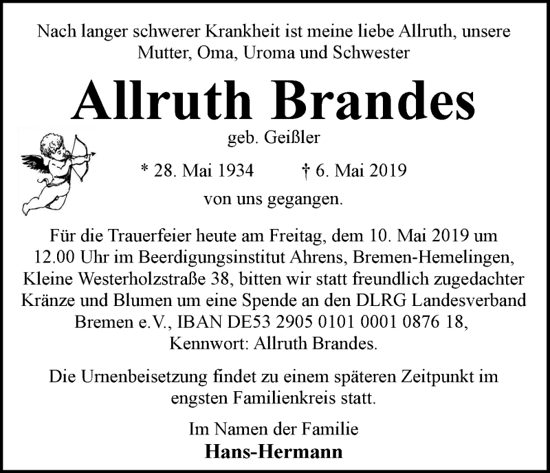  Traueranzeige für Allruth Brandes vom 10.05.2019 aus WESER-KURIER